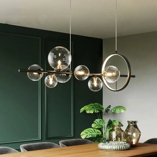 Skorter | Modern creative metal chandelier lighting: 7/10 clear glass bubbles, long round design with G9 light socket