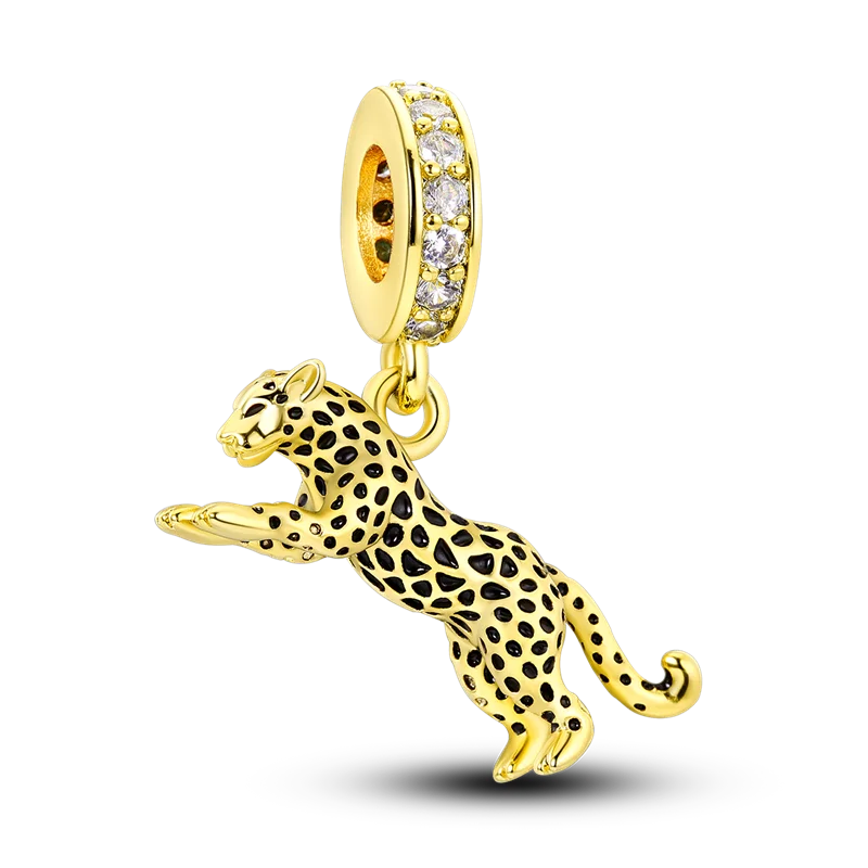 Skorter | 925 Silver Golden Leopard Charms Beads Colorful Chameleon Rhinoceros Lion Scarab Cat Pendant Compatible with Original Pandora Bracelet Jewelry
