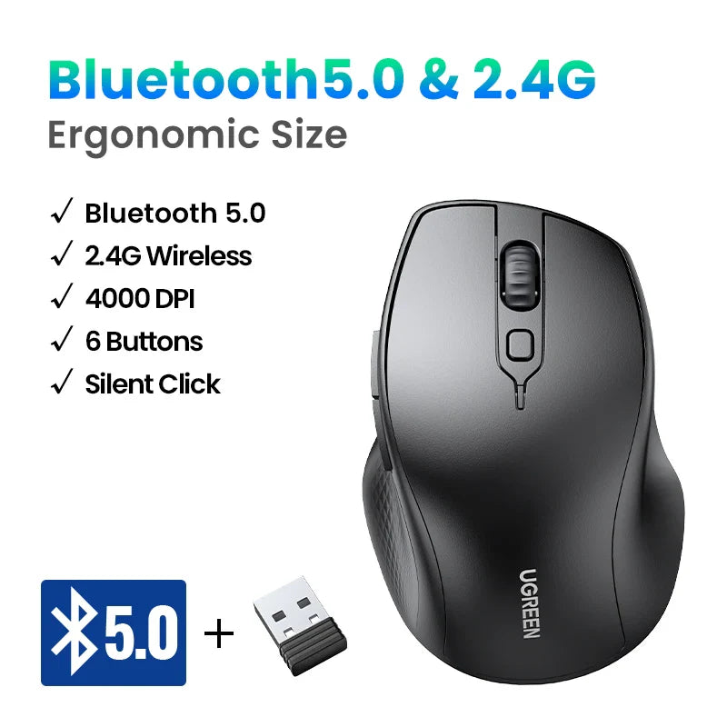 Skorter | Bluetooth 5.0 Ergonomic Wireless Mouse - 6 Mute Buttons