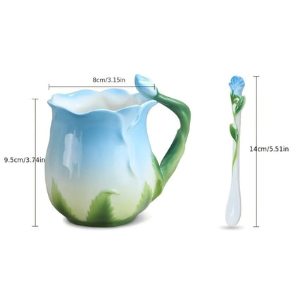 Skorter | 3D Rose Flower Coffee Mug Ceramic Coffee Mugs Cute Aesthetic Water Cups with Spoon Summer Winter Drinking Utensils Valentine's Day Gifts
