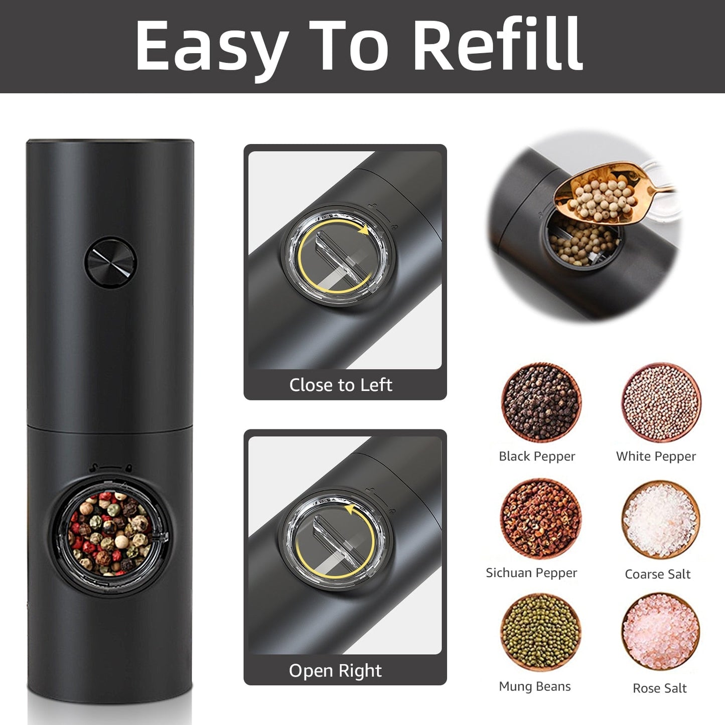 Skorter | Electric automatic pepper and salt mill with LED light and adjustable grind - Perfect for the kitchen or the restaurant