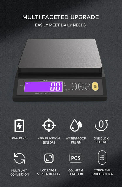 Skorter | 5 kg/0.1 g and 10 kg/1 g digital electronic kitchen scale, LCD display, fully waterproof stainless steel weighing tool for baking