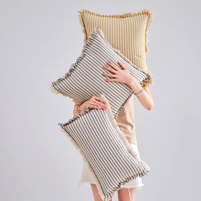 Skorter | Elegant Pillowcase with Jacquard Pattern and Fringes - Cotton-Linen Blend