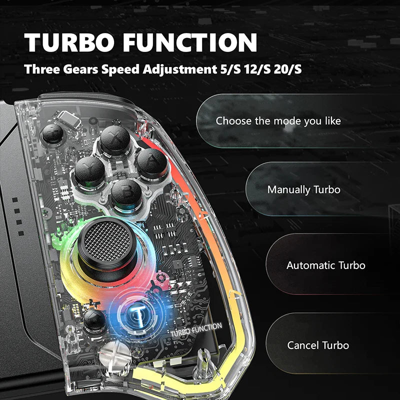 Skorter | Transparent Wireless Joypad with 8-Color LED - Turbo Function and Joystick Controller Switch/NS OLED Lite