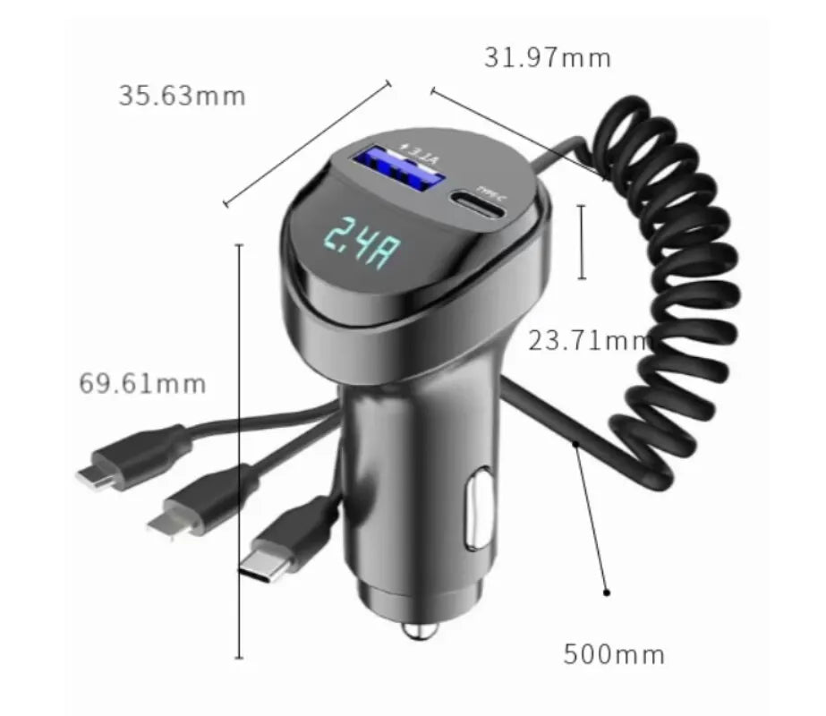 Skorter | 55W 2-Port USB Car Phone Charger 3.1A with Voltage Display Three-In-One USB Retractable Charging Cable