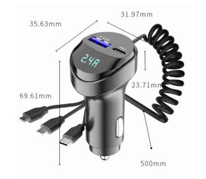 Skorter | 55W 2-Port USB Car Phone Charger 3.1A with Voltage Display Three-In-One USB Retractable Charging Cable