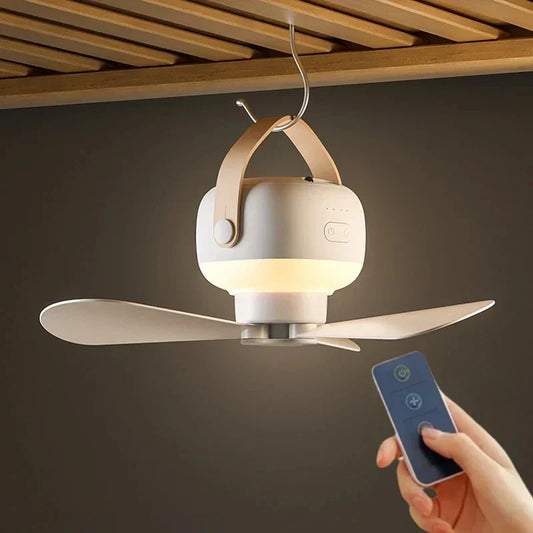 Skorter | Mini portable ceiling fan with LED light & remote control – 4 speeds, USB rechargeable