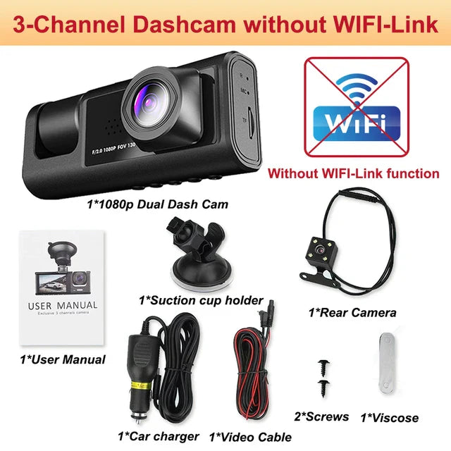 Skorter | 3-Channel Dash Cam with Wi-Fi - Front & Rear View - App Control