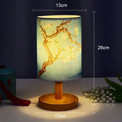 Skorter | Dimmable LED bedside lamp with fabric shade in plum blossom – Perfect bedroom night lamp