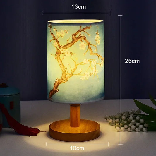 Skorter | Dimmable LED bedside lamp with fabric shade in plum blossom – Perfect bedroom night lamp