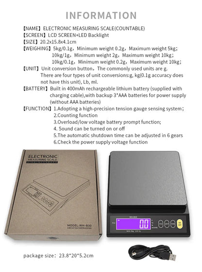 Skorter | 5 kg/0.1 g and 10 kg/1 g digital electronic kitchen scale, LCD display, fully waterproof stainless steel weighing tool for baking