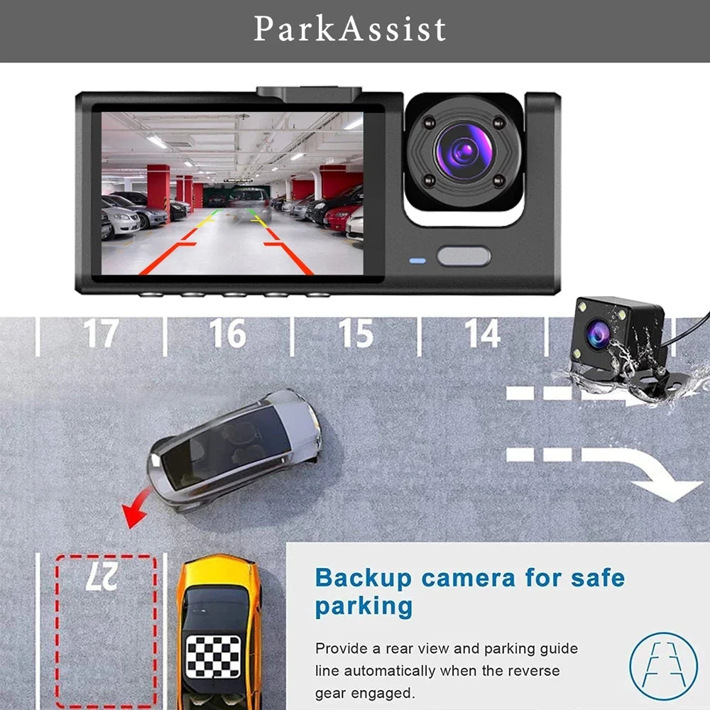 Skorter | 3-Channel 1080P Dash Cam with Triple-Lens & In-Vehicle Recording