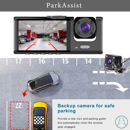 Skorter | 3-Channel 1080P Dash Cam with Triple-Lens & In-Vehicle Recording