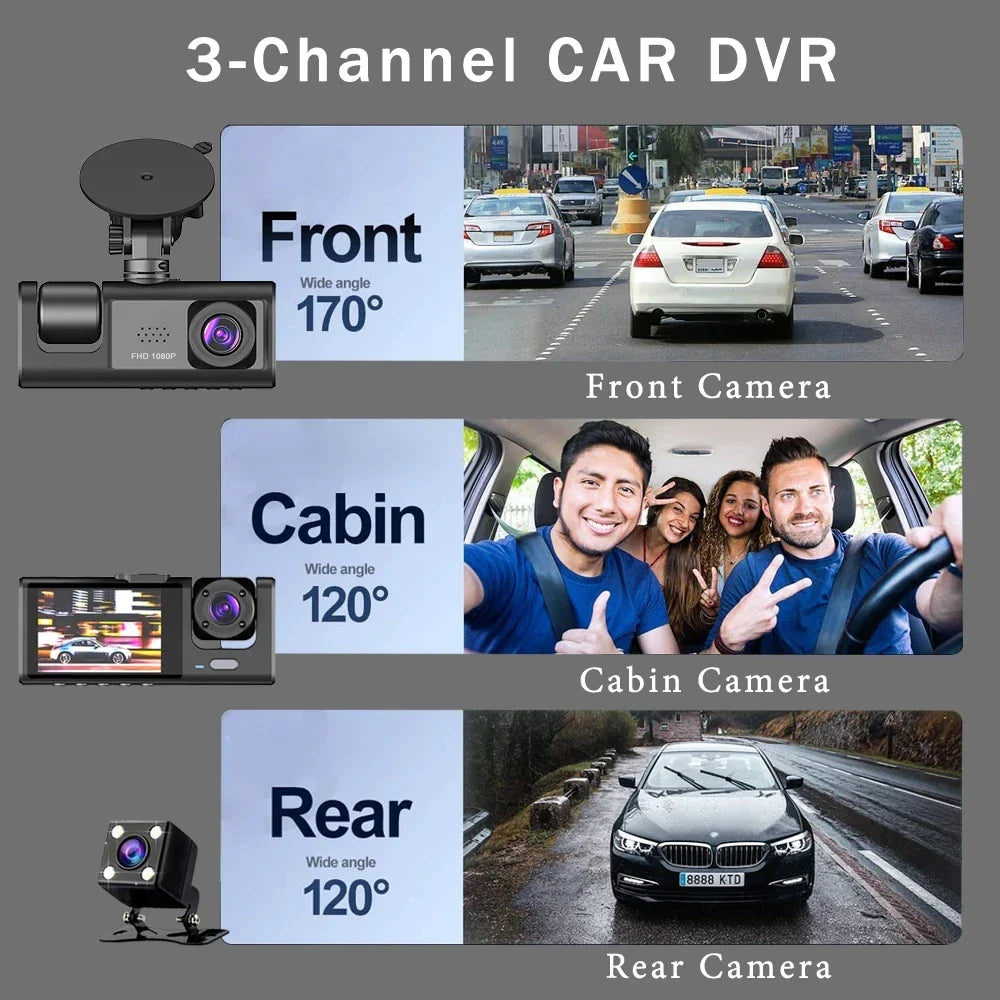 Skorter | 3-Channel 1080P Dash Cam with Triple-Lens & In-Vehicle Recording