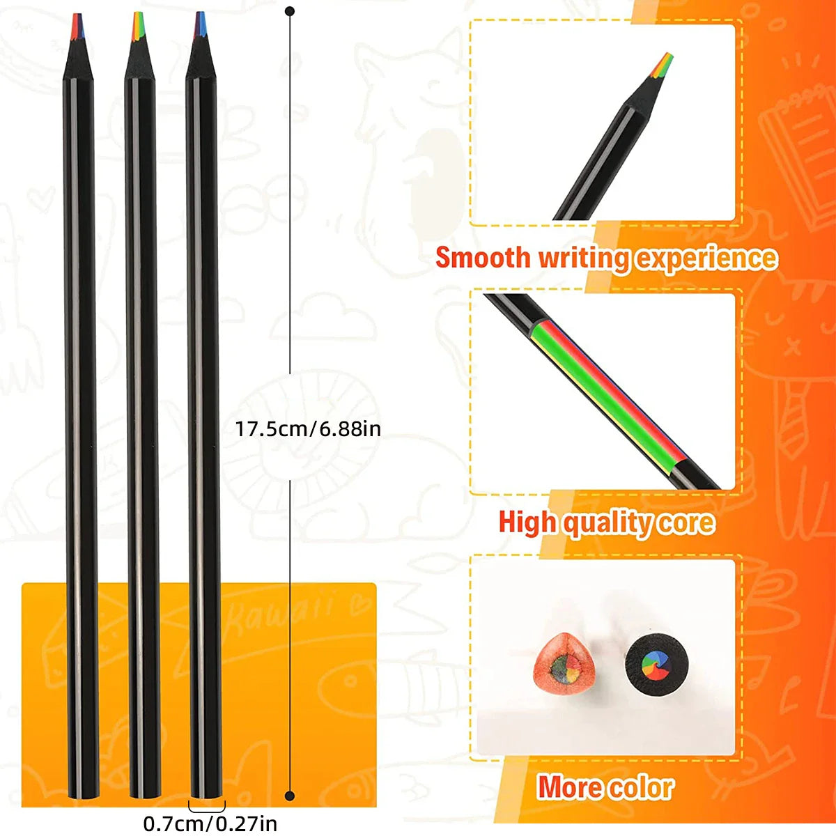 Skorter | 7-in-1 Rainbow Colored Black Wood Pencils