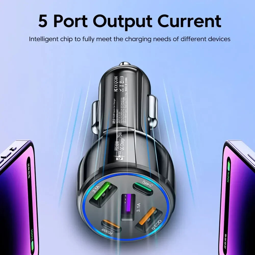 Skorter | 75W USB Car Charger - 5-Port Fast Charging Adapter