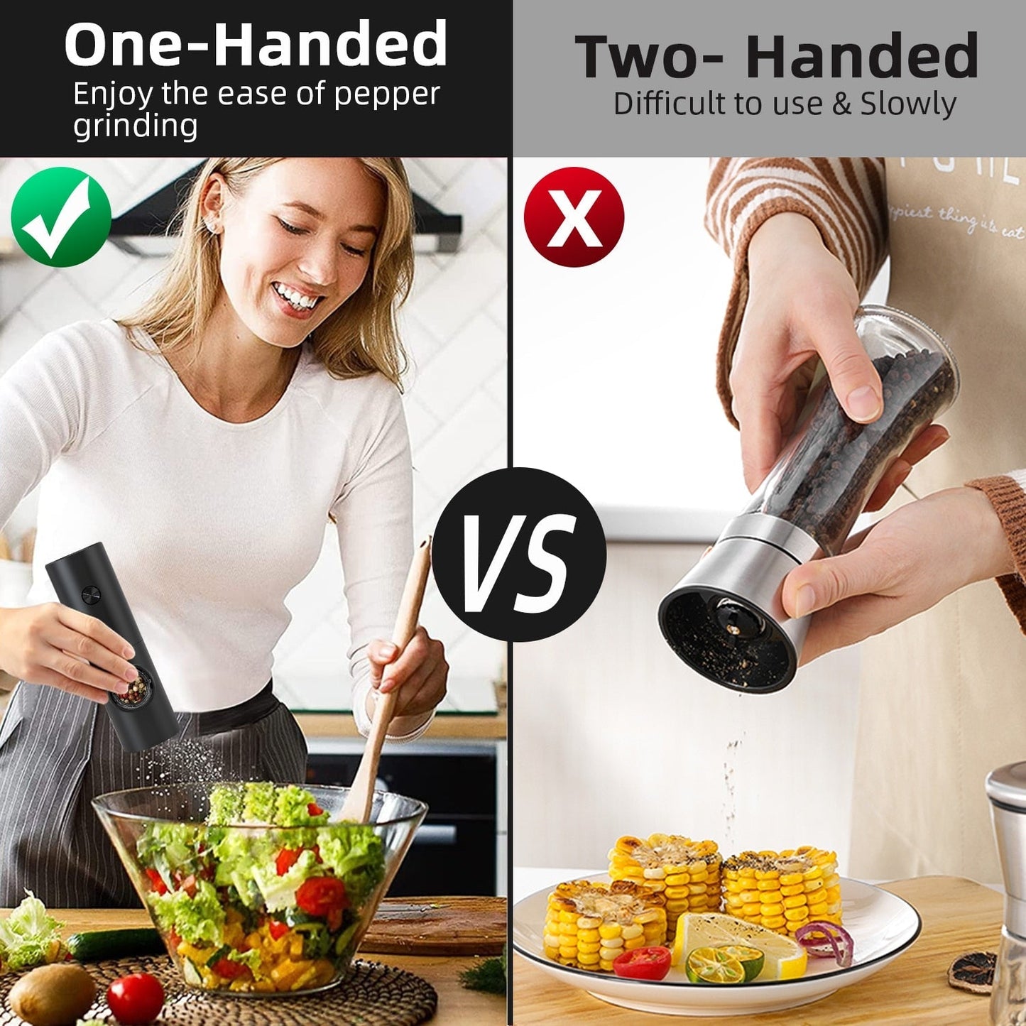 Skorter | Electric automatic pepper and salt mill with LED light and adjustable grind - Perfect for the kitchen or the restaurant