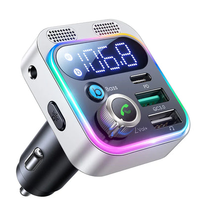 Skorter | Bluetooth 5.3 FM Transmitter for Car with Dual Mics - Deep Bass Sound/48W PD & QC3.0 Charger
