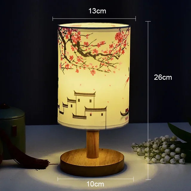 Skorter | Dimmable LED bedside lamp with fabric shade in plum blossom – Perfect bedroom night lamp