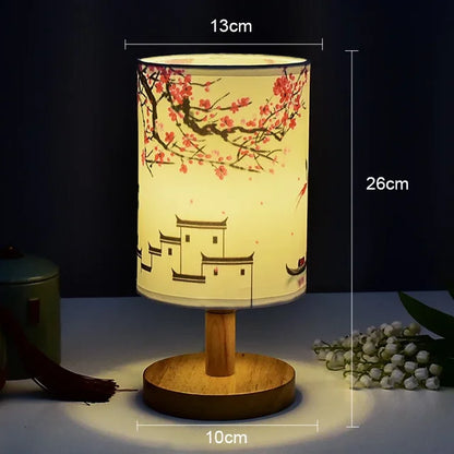 Skorter | Dimmable LED bedside lamp with fabric shade in plum blossom – Perfect bedroom night lamp