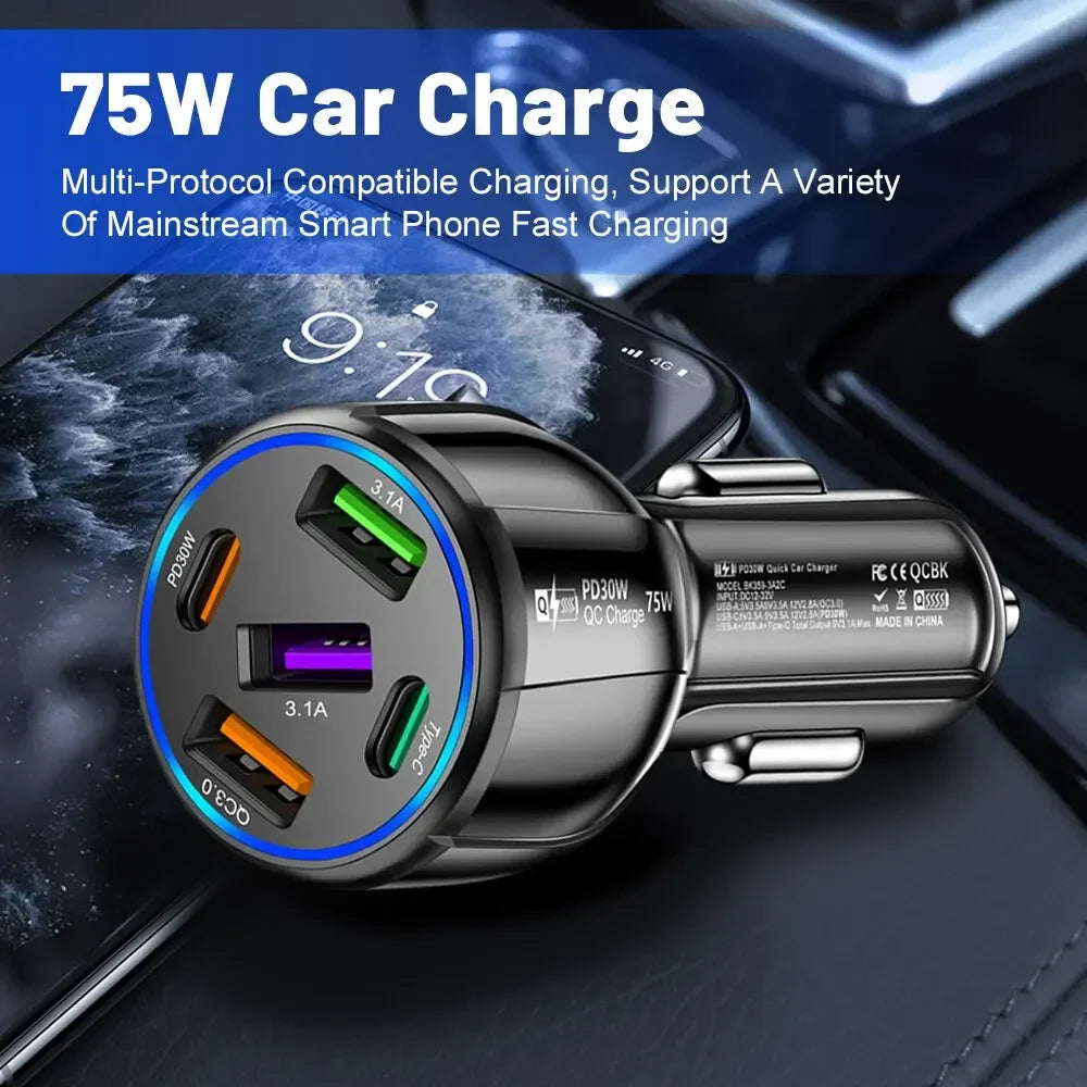 Skorter | 75W USB Car Charger - 5-Port Fast Charging Adapter