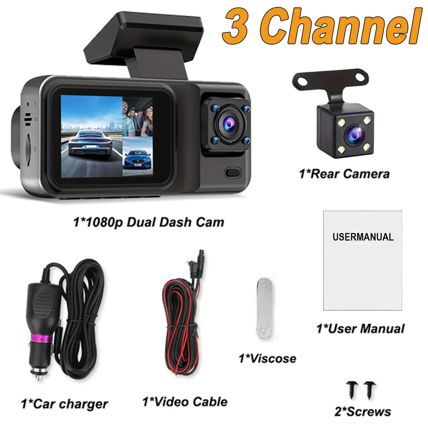 Skorter | 3-Channel 1080P Dash Cam with Rear View Camera & Video Recorder