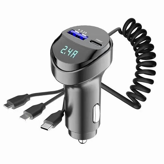 Skorter | 55W 2-Port USB Car Phone Charger 3.1A with Voltage Display Three-In-One USB Retractable Charging Cable