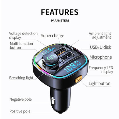 Skorter | Bluetooth 5.0 FM Transmitter Car Modulator with Hands Calling, MP3 Player, and 22.5W Quick Charge Adapter