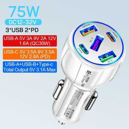 Skorter | 75W USB Car Charger - 5-Port Fast Charging Adapter