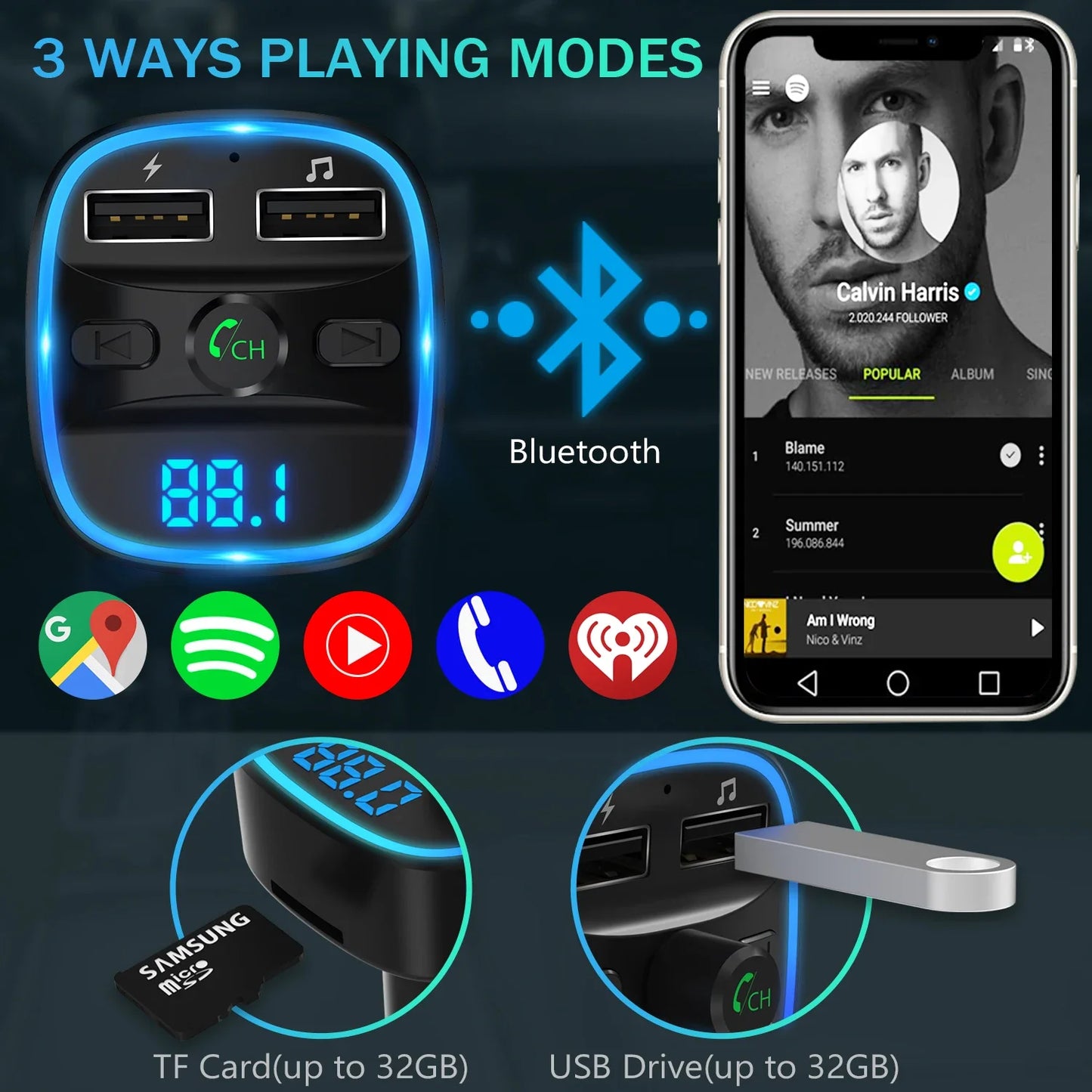 Skorter | Bluetooth FM Transmitter Car Kit with Dual USB Charger and MP3 Player