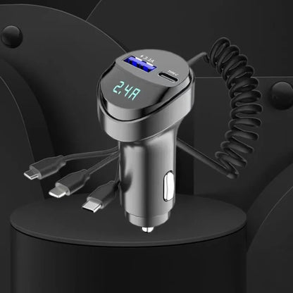 Skorter | 55W 2-Port USB Car Phone Charger 3.1A with Voltage Display Three-In-One USB Retractable Charging Cable