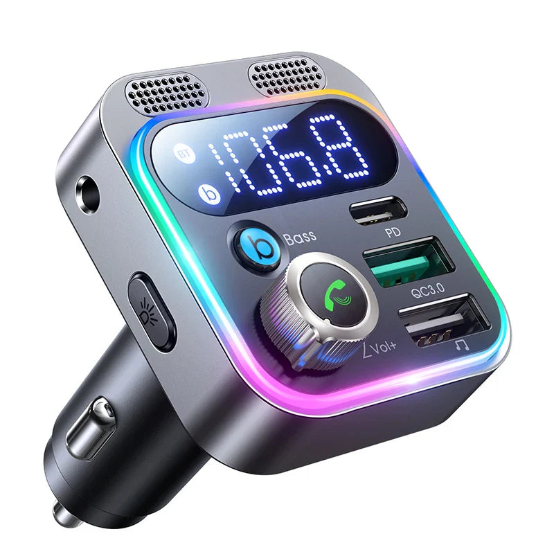 Skorter | Bluetooth 5.3 FM Transmitter for Car with Dual Mics - Deep Bass Sound/48W PD & QC3.0 Charger