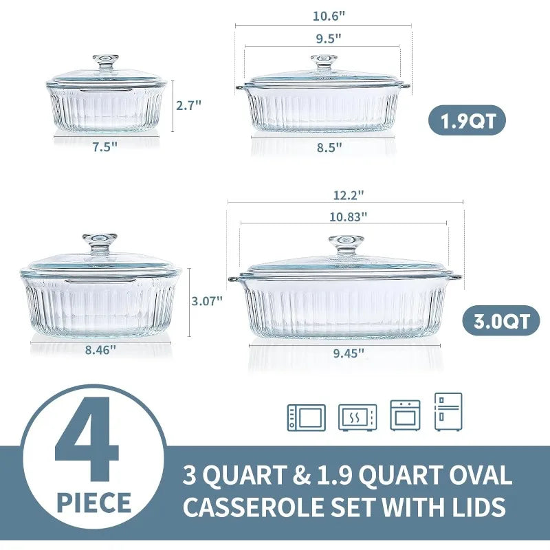 Skorter | 4-piece Glass Bakeware Set with 2 Bakeware Dishes with Glass Lids, 1.9 Qt and 3 Qt
