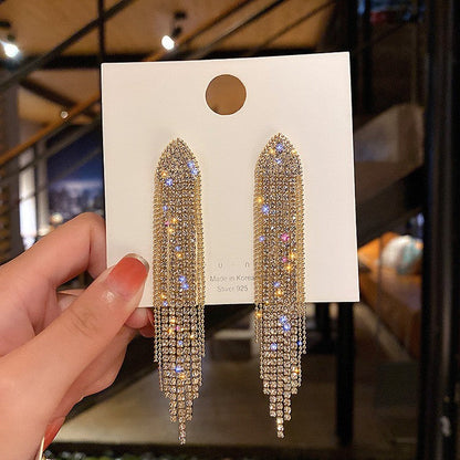 Skorter | Faux-Diamond-Studded Metal Long Tassel Earrings for Women