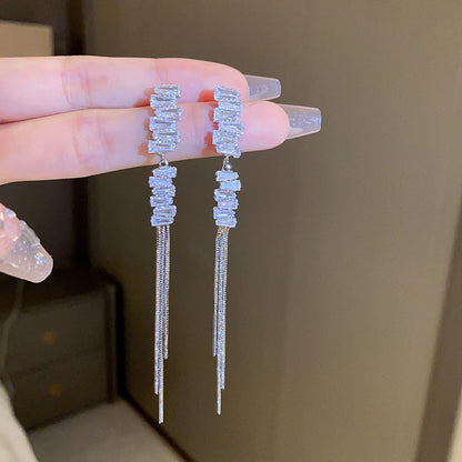 Skorter | Faux-Diamond-Studded Metal Long Tassel Earrings for Women