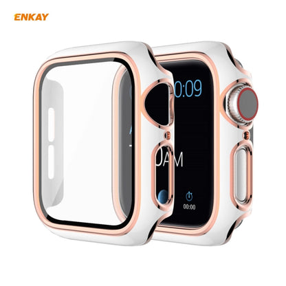 Skorter | ENKAY Hat-Prince Full Protection Electroplated PC Case + Tempered Glass Protection for Apple Watch Series 6 / 5 / 4 / SE 44mm (White + Champagne)