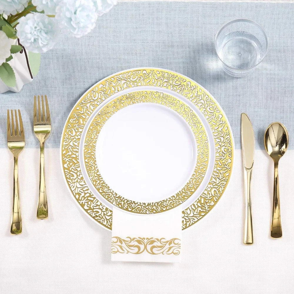 Skorter | 350pcs Disposable Gold Lace Dinnerware Set for 50 Guests