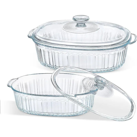 Skorter | 4-piece Glass Bakeware Set with 2 Bakeware Dishes with Glass Lids, 1.9 Qt and 3 Qt