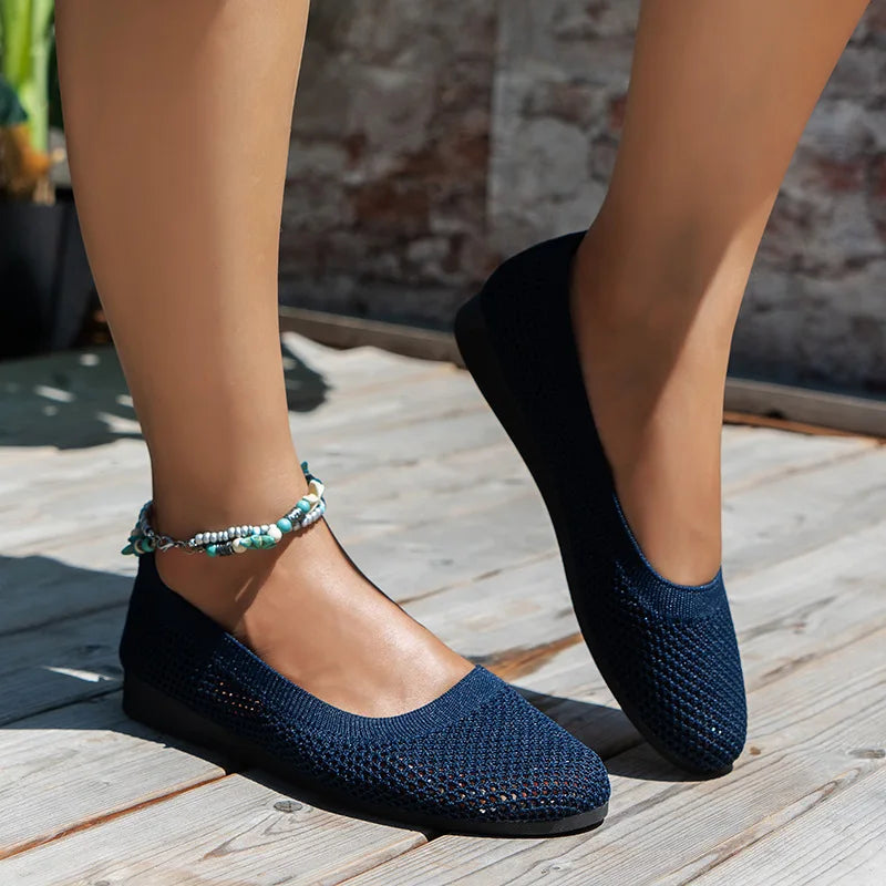 Skorter | Women Round Toe Flat Shoes Solid Color Knit Slippers Casual Breathable Ballet Flats Women Flat Shoes Loafers Women