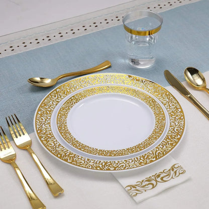 Skorter | 350pcs Disposable Gold Lace Dinnerware Set for 50 Guests