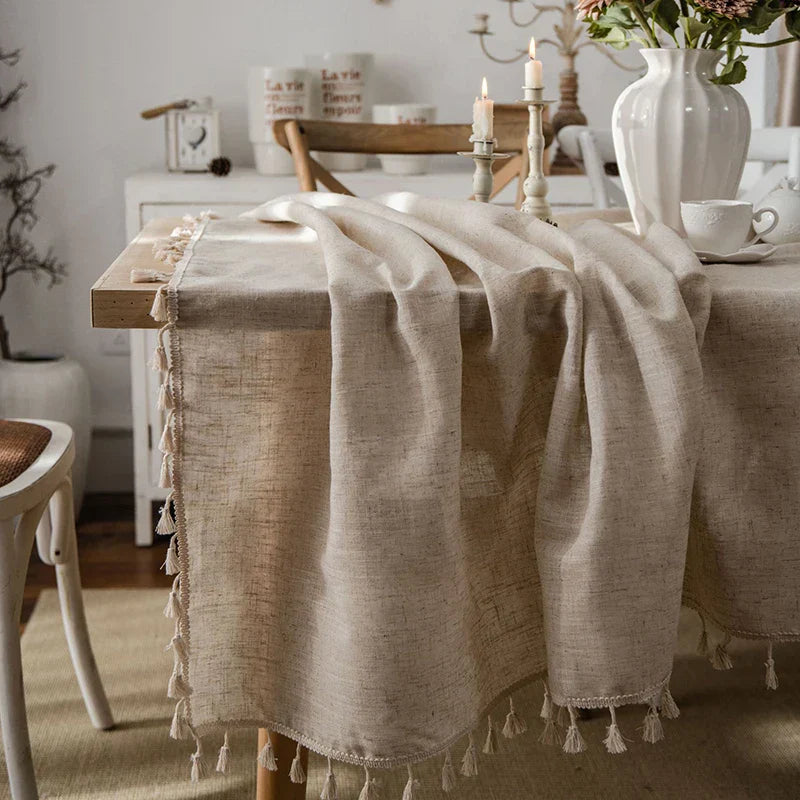 Skorter | 2023 Cotton-Linen Tablecloth with Tassels, Rectangular Tablecloth for Dining Table, Coffee-Tea Tablecloths, Wedding Easter Decoration