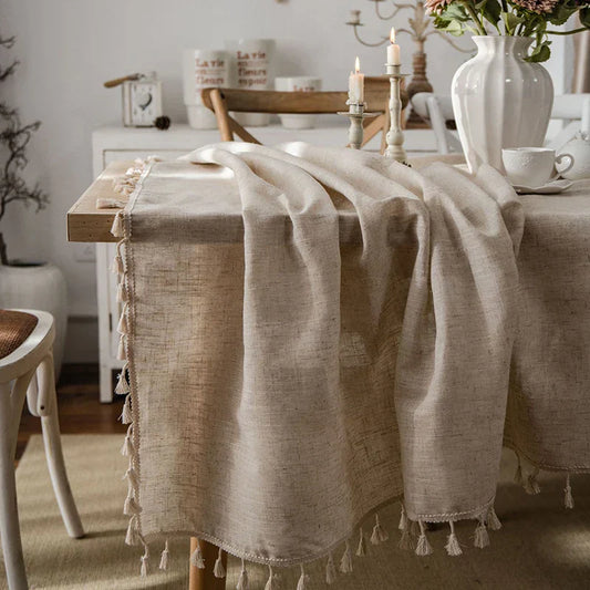 Skorter | 2023 Cotton-Linen Tablecloth with Tassels, Rectangular Tablecloth for Dining Table, Coffee-Tea Tablecloths, Wedding Easter Decoration