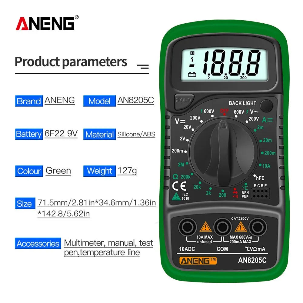 Skorter | AN8205C Digital Multimeter - AC/DC Ammeter Volt Ohm Tester