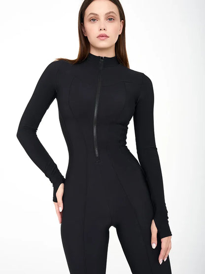 Long Sleeve Jumpsuits Women  Zipper O Neck Sporty  Casual Playsuits