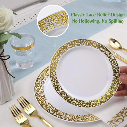 Skorter | 350pcs Disposable Gold Lace Dinnerware Set for 50 Guests