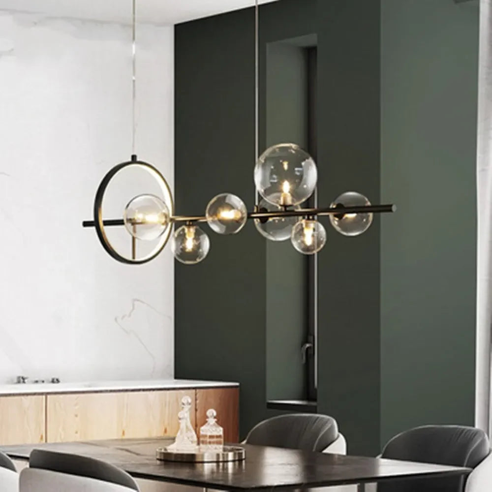 Skorter | Modern creative metal chandelier lighting: 7/10 clear glass bubbles, long round design with G9 light socket