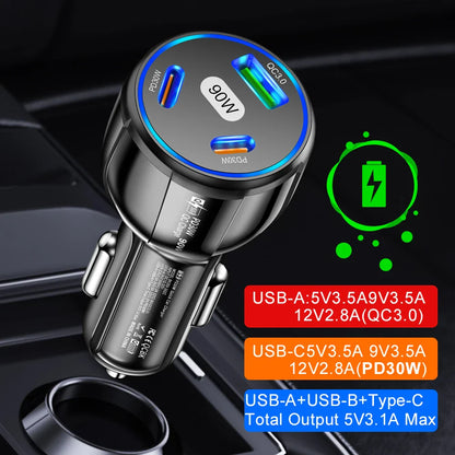 Skorter | 90W Fast Charger  3 Ports PD USB Car Charging Adapter - Quick Charger