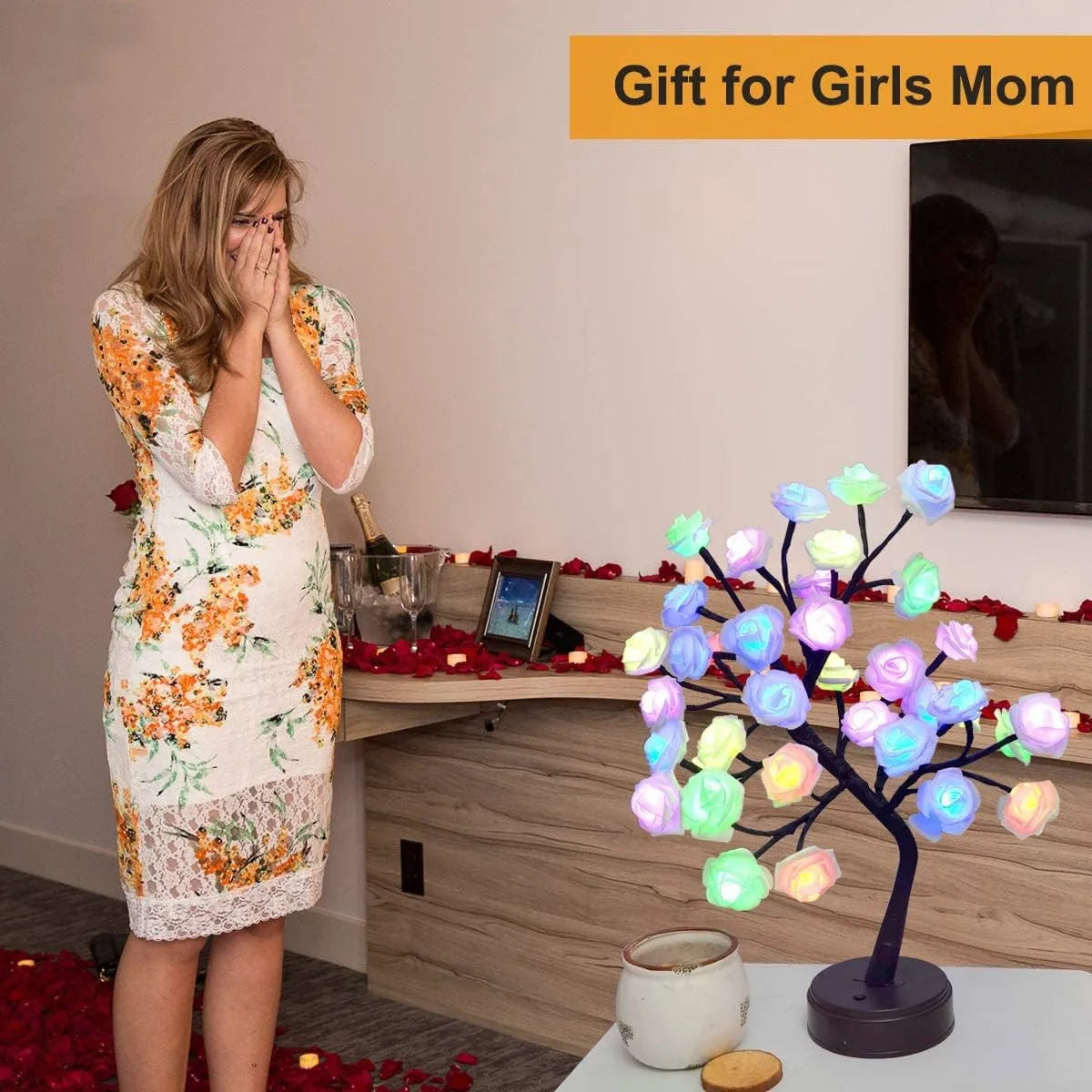 Skorter | RGB Rose Flower Tree Lights 24LED USB Battery Table Lamp Fairy Night Light Home Party Christmas Wedding Bedroom Decoration Gift