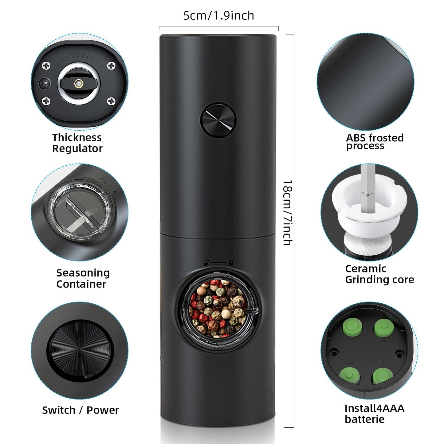 Skorter | Electric automatic pepper and salt mill with LED light and adjustable grind - Perfect for the kitchen or the restaurant
