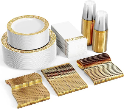 Skorter | 350pcs Disposable Gold Lace Dinnerware Set for 50 Guests